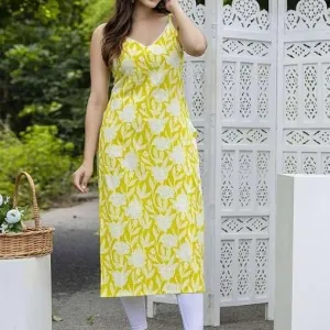 Women's Rayon Floral Printed Sleeveless Straight Kurti Set