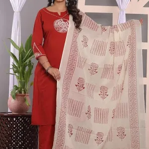 Women's Cotton Embroidery Straight Kurti with Pant Set