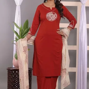 Women's Cotton Embroidery Straight Kurti with Pant Set