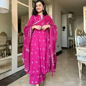 Women's Cotton Embroidered Anarkali Kurti with Pant and Dupatta Set