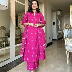 Women's Cotton Embroidered Anarkali Kurti with Pant and Dupatta Set