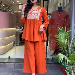 Women's Cotton Embroidered Flared Kurta with Pant Set Orange