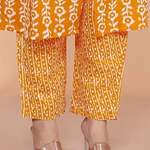 Women's Cotton Floral Printed Mandarin Collar A-Line Kurti with Pant