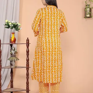 Women's Cotton Floral Printed Mandarin Collar A-Line Kurti with Pant