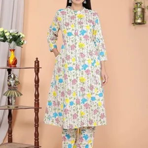Women's Cotton Floral Printed Mandarin Collar A-Line Kurti with Pant