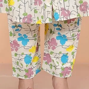 Women's Cotton Floral Printed Mandarin Collar A-Line Kurti with Pant