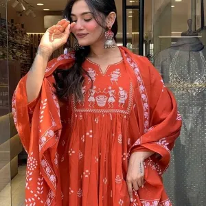 Women's Contton Floral Embroidered Round Neck Regular Kurti Pant Dupatta Set