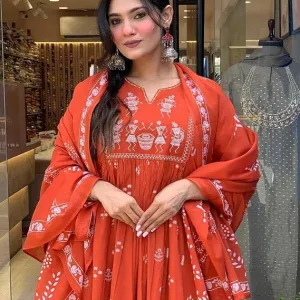 Women's Contton Floral Embroidered Round Neck Regular Kurti Pant Dupatta Set