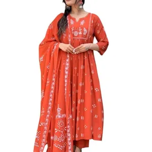 Women's Contton Floral Embroidered Round Neck Regular Kurti Pant Dupatta Set