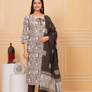 Women's Cotton Hand Block Printed Straight Kurti with Pant and Printed Dupatta