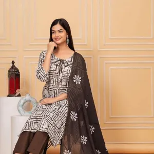 Women's Cotton Hand Block Printed Straight Kurti with Pant and Printed Dupatta