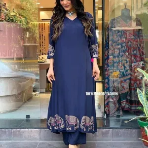 Women's Rayon Embroidered Straight Kurti with Pant Set