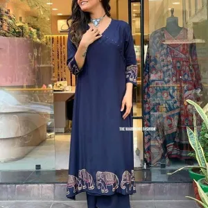 Women's Rayon Embroidered Straight Kurti with Pant Set