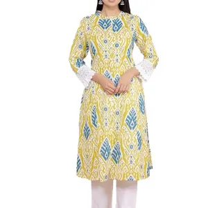 Women's Cotton Printed Mandarin Collar A-Line Kurti with Pant