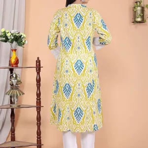 Women's Cotton Printed Mandarin Collar A-Line Kurti with Pant
