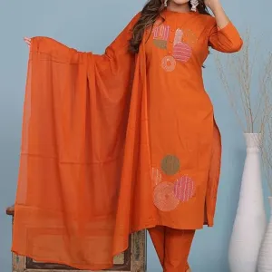 Women's Cotton Embroidery Straight Kurti with Matching Pant Orange