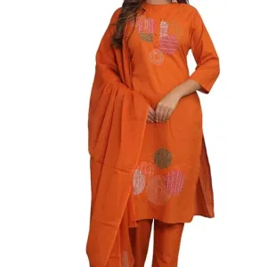 Women's Cotton Embroidery Straight Kurti with Matching Pant Orange