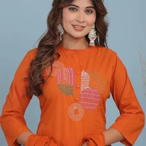 Women's Cotton Embroidery Straight Kurti with Matching Pant Orange