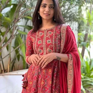 Women's Cotton Anarkali Embroidery Designer Long Anarkali Kurti with Pant and Dupatta Set