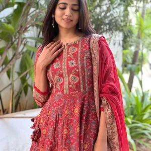 Women's Cotton Anarkali Embroidery Designer Long Anarkali Kurti with Pant and Dupatta Set