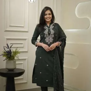 Women's Cotton Embroidery Straight Kurti Pant with Dupatta Set