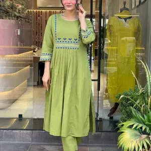 Women's Rayon Embroidered A-Line Kurti Pant Set Olive Green
