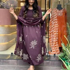 Women's Cotton Embroidery Floral Printed Long Straight Kurti with Pant and Dupatta Set