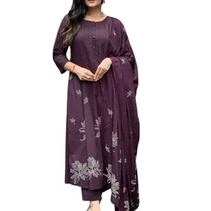 Women's Cotton Embroidery Floral Printed Long Straight Kurti with Pant and Dupatta Set