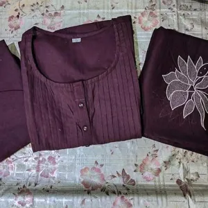 Women's Cotton Embroidery Floral Printed Long Straight Kurti with Pant and Dupatta Set