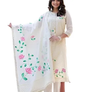 Women's Cotton Hand-Painted Chicken Shifli Straight Kurti with Pant and Mulmul Dupatta Set