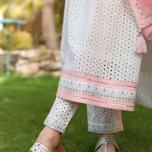 Women's Cotton Embroidered Nayra Cut Kurti with Pant and Dupatta Set