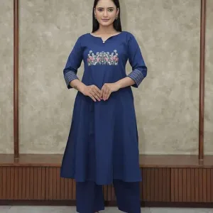 Cotton Embroidered Straight Kurti Pant Set for Women Blue