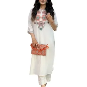 Women's Pure Cotton Embroidery Floral Printed Straight Coo-rd Set Kurti with Pant