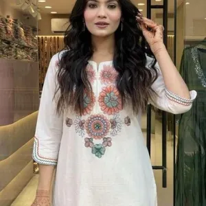 Women's Pure Cotton Embroidery Floral Printed Straight Coo-rd Set Kurti with Pant