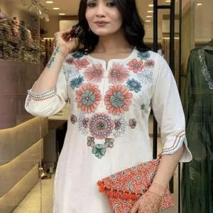 Women's Pure Cotton Embroidery Floral Printed Straight Coo-rd Set Kurti with Pant