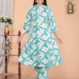 Women's Cotton Floral Printed Mandarin Collar A-Line Kurti with Pant