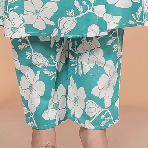 Women's Cotton Floral Printed Mandarin Collar A-Line Kurti with Pant