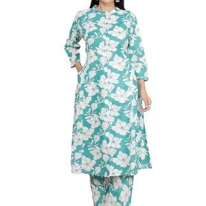 Women's Cotton Floral Printed Mandarin Collar A-Line Kurti with Pant