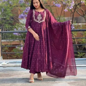 Women's Cotton Embroidery Anarkali Kurti with Pant Dupatta Purple