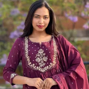 Women's Cotton Embroidery Anarkali Kurti with Pant Dupatta Purple