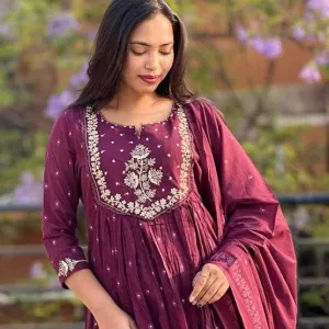 Women's Cotton Embroidery Anarkali Kurti with Pant Dupatta Purple
