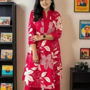 Women's Cotton Floral Printed Straight Kurti with Pant Set