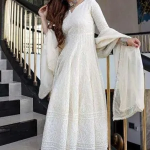 Women's Cotton Chikankari Long Anarkali...