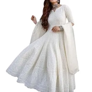 Women's Cotton Chikankari Long Anarkali Kurti with Dupatta