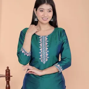 Women's Satin Embroidered Printed Straight Kurti