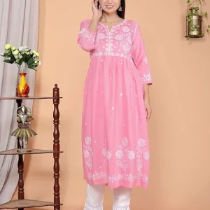 Women's Rayon Embroidered vcut Collar Anarkali Kurti with Pant