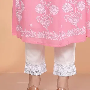 Women's Rayon Embroidered vcut Collar Anarkali Kurti with Pant