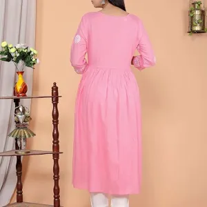 Women's Rayon Embroidered vcut Collar Anarkali Kurti with Pant