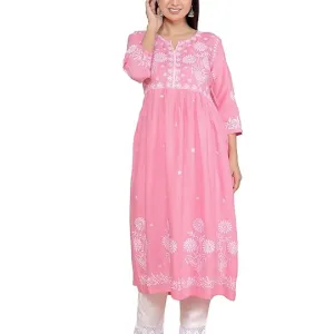 Women's Rayon Embroidered vcut Collar Anarkali Kurti with Pant
