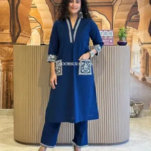 Women's Cotton Embroidery Straight Kurti with Pant Set Blue